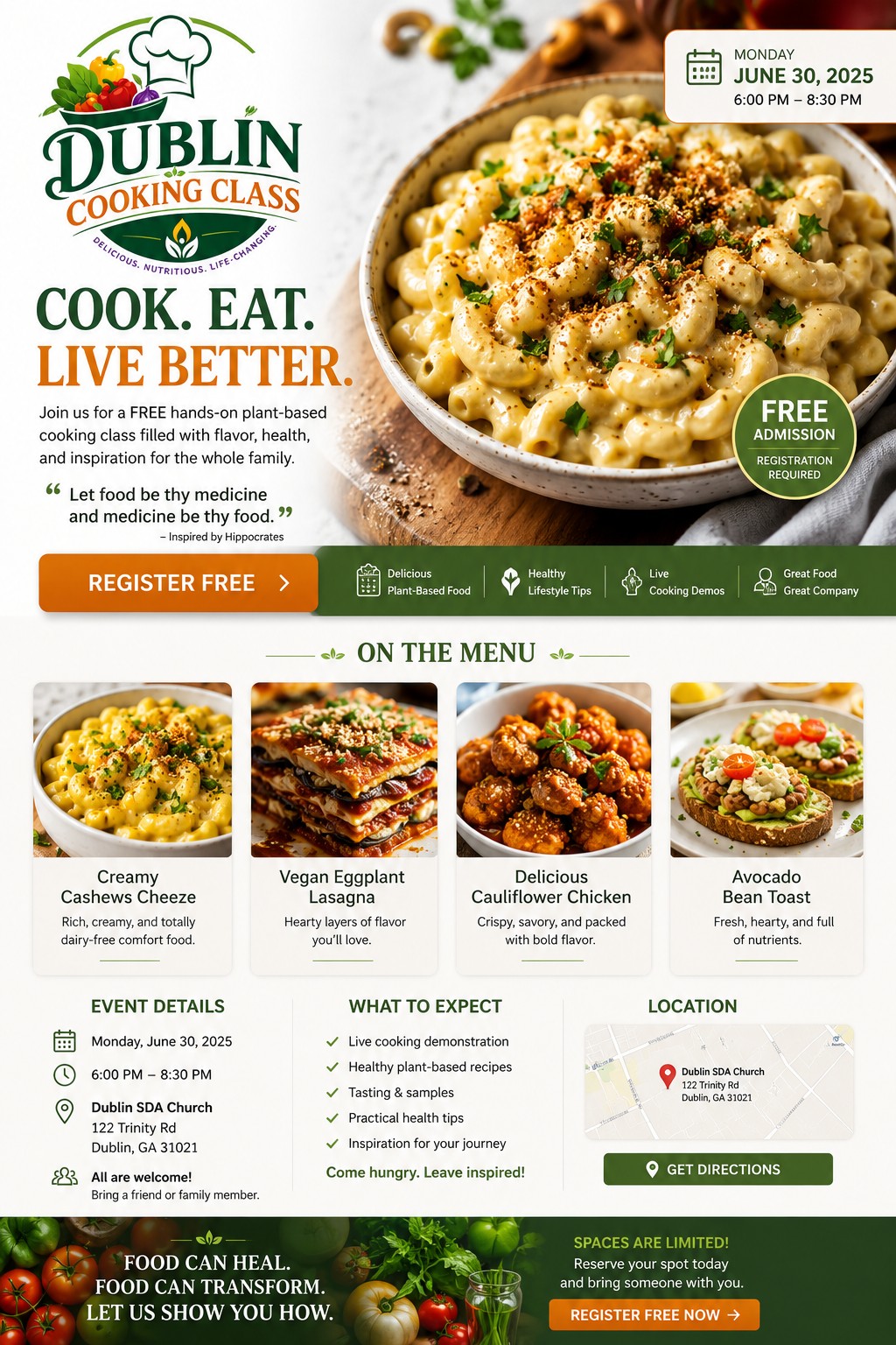Dublin Cooking Class event flyer with food photos and registration details